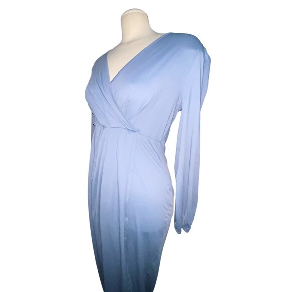 Halara V Neck Long Sleeve Tulip Hem Midi Dress Sz Medium Blue Womens - Picture 14 of 16